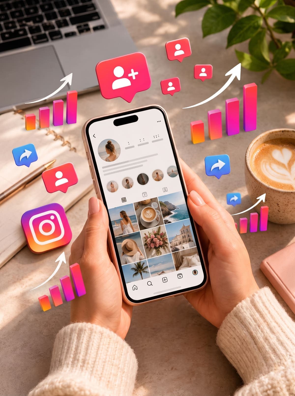 Profil Instagram ouvert sur un smartphone, avec des notifications de nouveaux abonnés et des graphiques de croissance